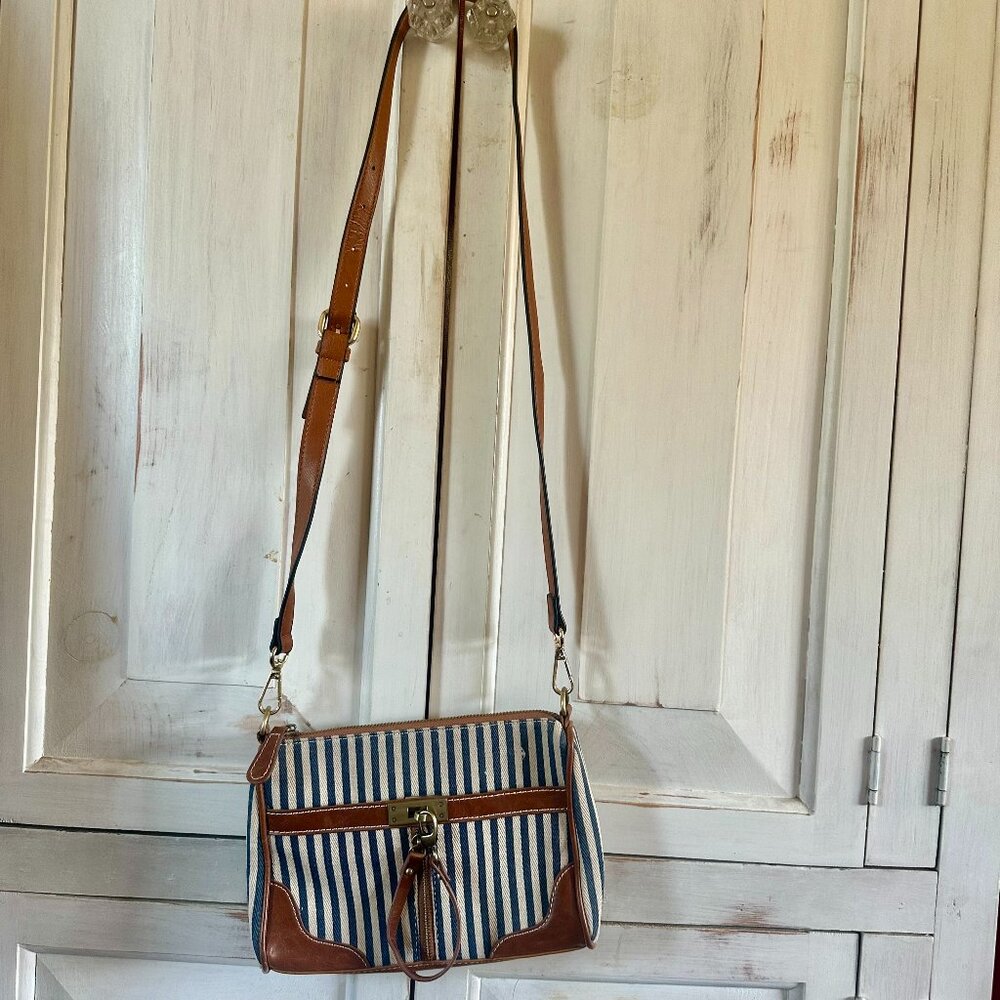 Nila Anthony 5-Pocket Crossbody Bag - Blue & White Canvas with Faux Leather Trim